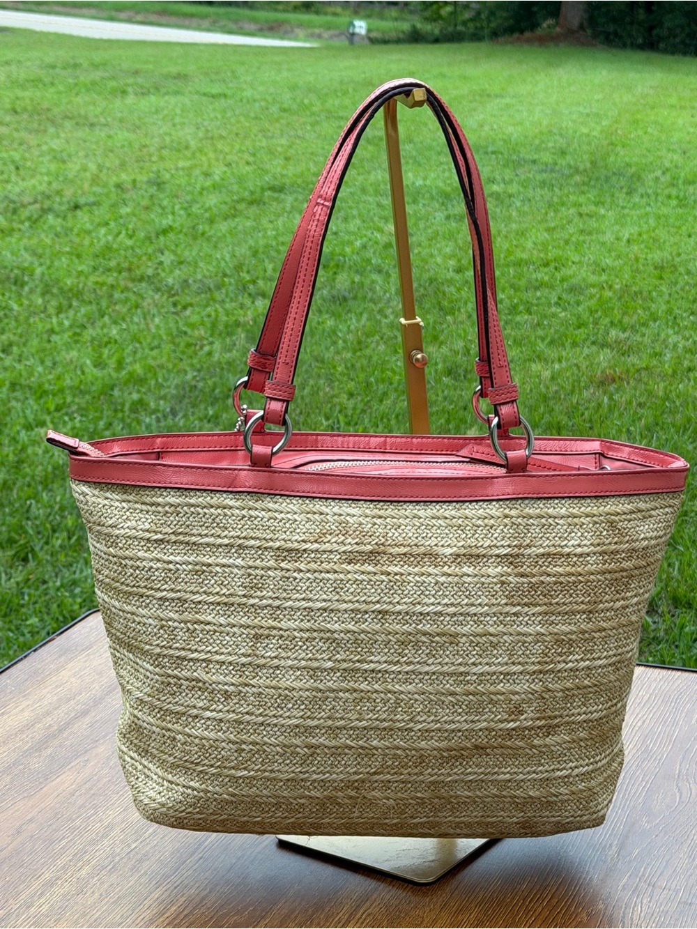 Coach Straw Floral Applique Tote Bag Pink Patent Leather Beach Shoulder F29861 - Picture 3 of 16